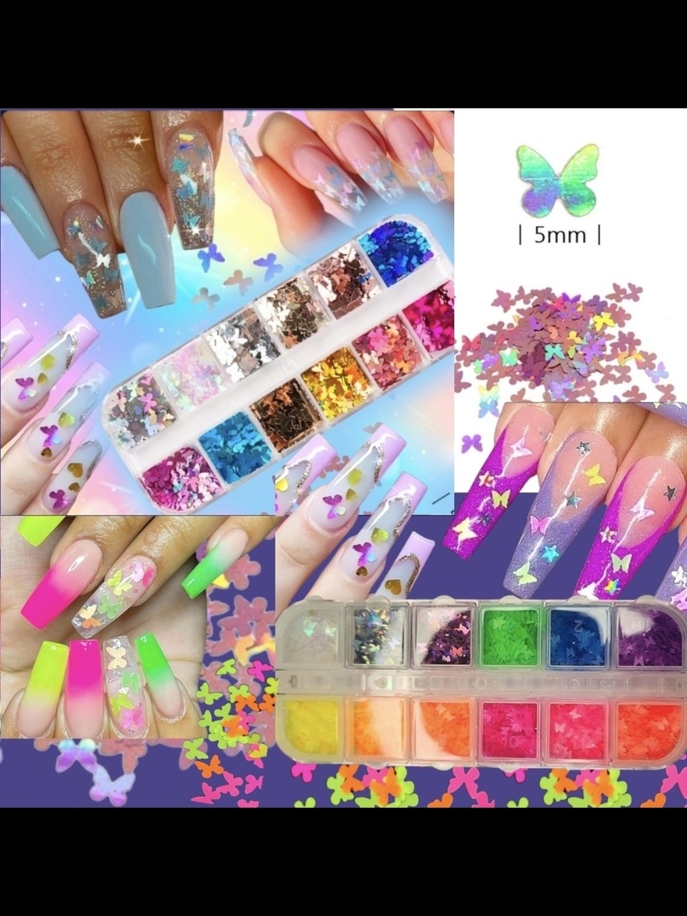 2 Pcs Butterfly Nail Glitter Mix - Multicolor Decorative Nail Art by